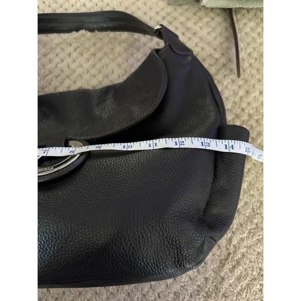 Furla Vintage Y2K Black Leather Slouchy Hobo Bag Silver Ring Logo Flap
